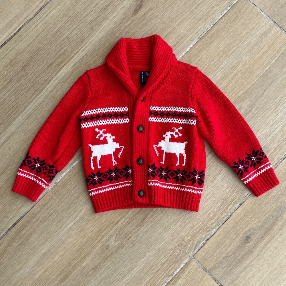 Janie and Jack Size 12-18 Months Fair Isle Reindeer Cardigan Bradbury Red - Picture 3 of 11